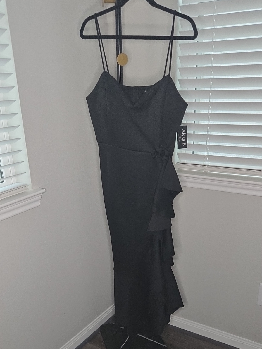 Black Spaghetti-Strap Maxi Dress with Side Ruffle